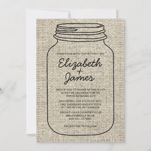 Black Rustic Burlap Mason Jar Wedding Invitations