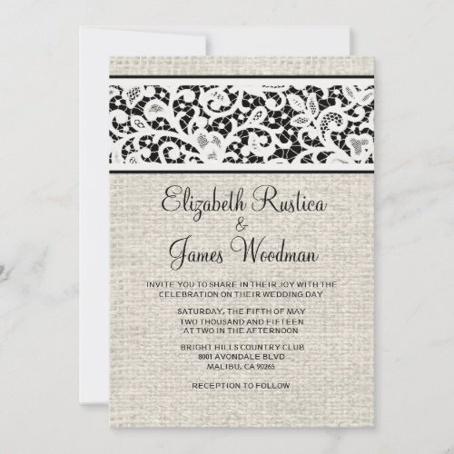 Black Rustic Country Burlap Wedding Invitations