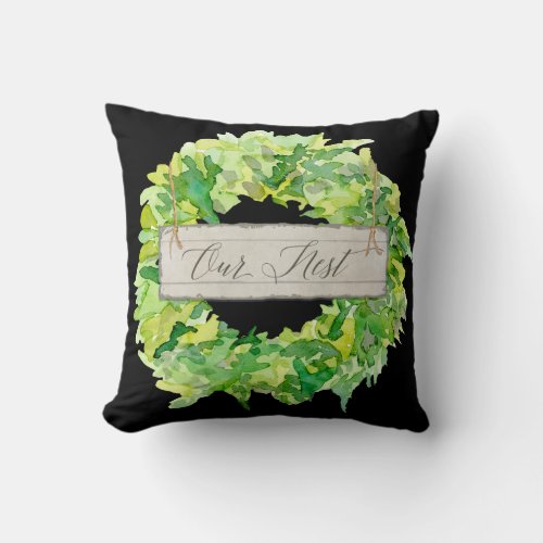 Black Rustic Country Watercolor Our Nest Wreath Throw Pillow