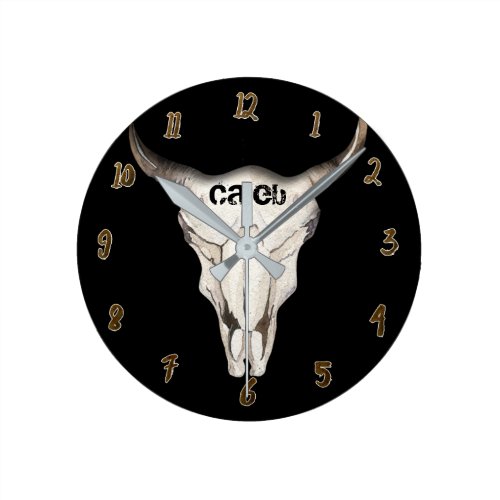 Black Rustic Cow Bull Head Skull Horns Custom Round Clock
