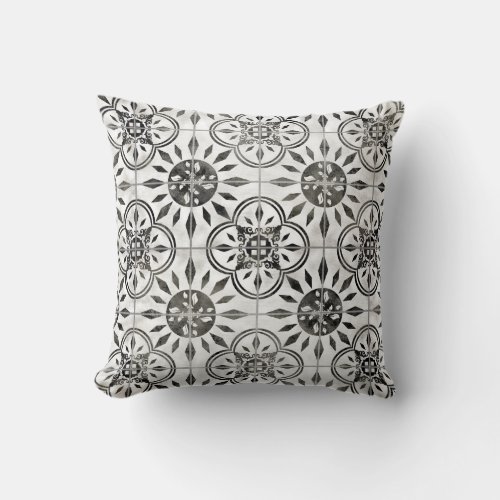 Black Rustic Farm Damask Black White Tile Pattern Throw Pillow