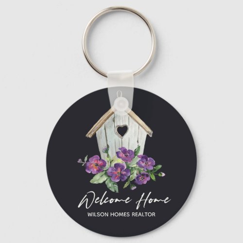 BLACK RUSTIC FLORA BIRDHOUSE REAL WELCOME NEW HOME KEYCHAIN
