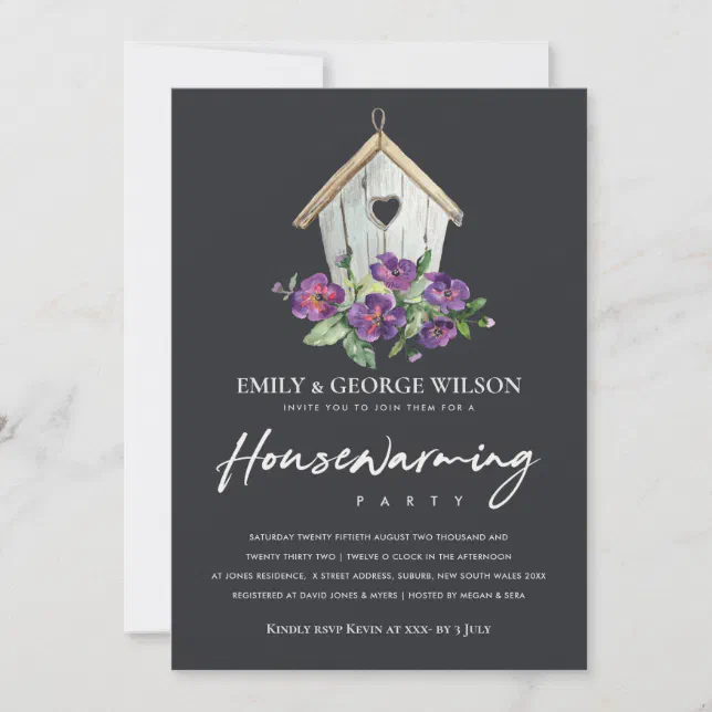 BLACK RUSTIC FLORAL BIRD HOUSE HOUSEWARMING PARTY INVITATION | Zazzle