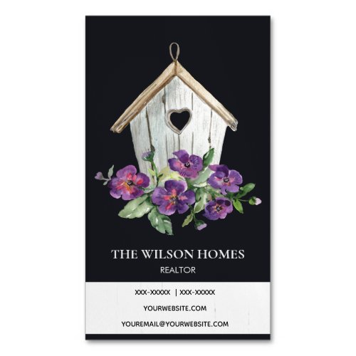 BLACK RUSTIC FLORAL BIRDHOUSE REAL ESTATE REALTOR BUSINESS CARD MAGNET