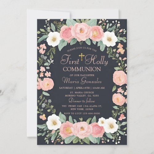 Black Rustic Floral First Holy Communion  Invitation