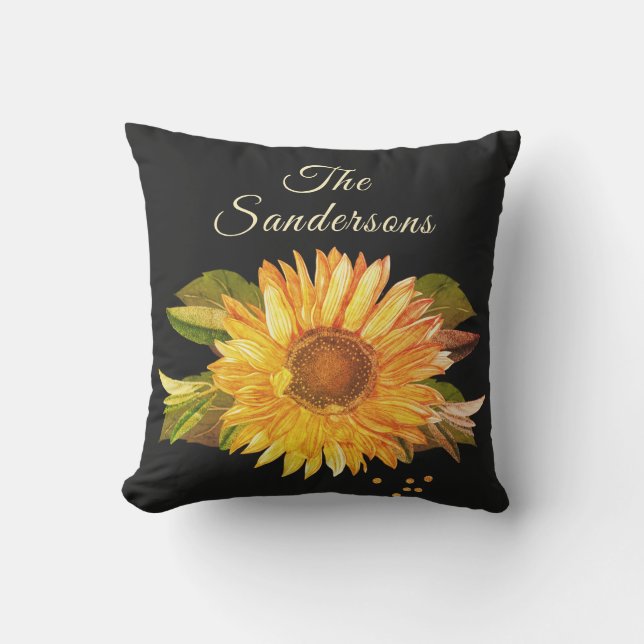 Black Rustic Golden Yellow Sunflower Outdoor Pillow (Front)