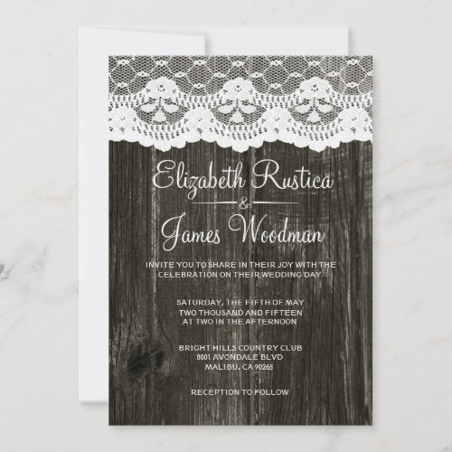 Black Rustic Lace &amp; Barn Wood Wedding Invitations