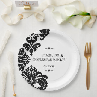 Black Rustic Luxe Vintage Damask Wedding Paper Plates