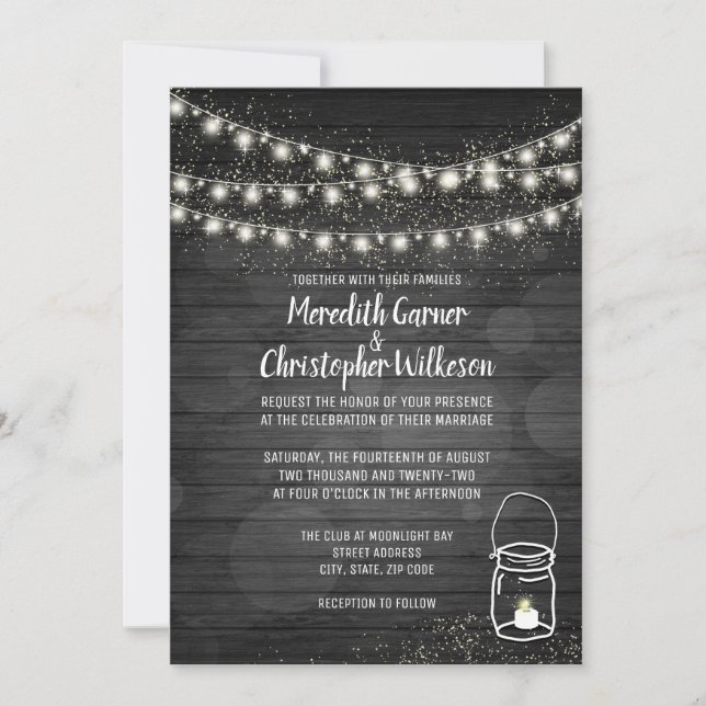 Black Rustic Mason Jar Lights Wedding Invitation (Front)