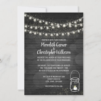 Black Rustic Mason Jar Lights Wedding Invitation