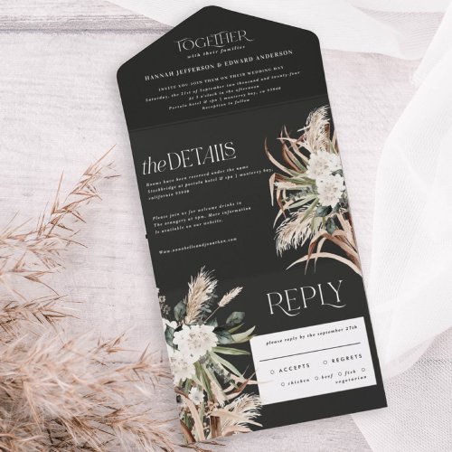  black rustic pampas eucalyptus wedding  all in one invitation