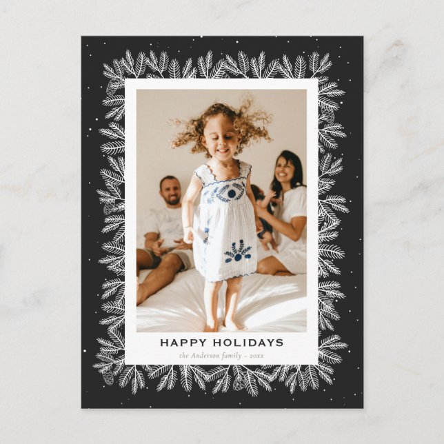 Black Rustic Pine Snow Photo Happy Holiday Postcard (Front)