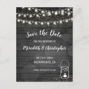 Black Rustic String Lights Wedding Save the Date Announcement Postcard