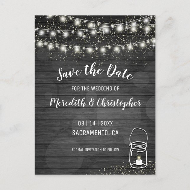 Black Rustic String Lights Wedding Save the Date Announcement Postcard (Front)