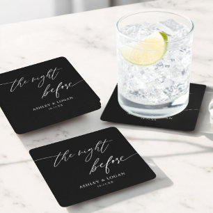 Black Rustic The Night Before Rehearsal Dinner Square Paper Coaster