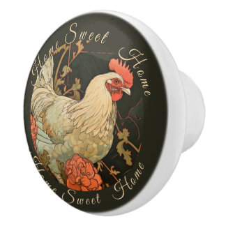 Black Rustic Watercolor Rooster Floral Ceramic Knob