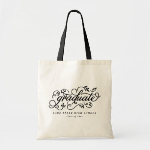 Black Rustic Whimsical Floral Script Graduation Tote Bag