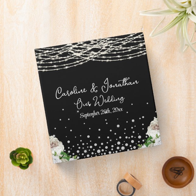 Black Rustic White Roses String Lights Wedding 3 Ring Binder (In Situ)