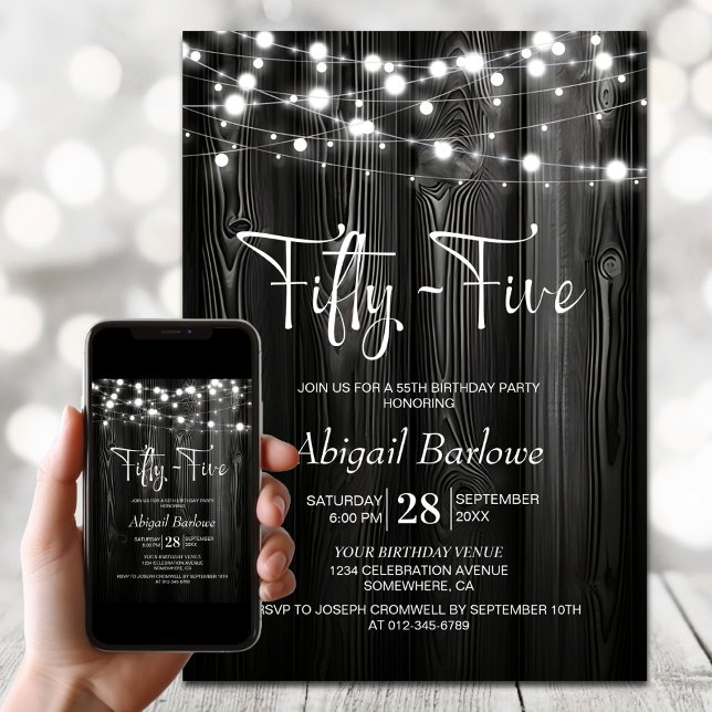Black Rustic Wood 55th Birthday Party Invitation (Creator Uploaded)