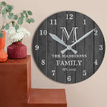 Black Rustic Wood Farmhouse Family Monogram & Name Round Clock<br><div class="desc">Create a bold farmhouse statement with this Black Rustic Wood Farmhouse Family Monogram & Name Round Clock. Designed with a rustic black wood background and a vintage retro home aesthetic, this clock lets you add family name and est year alongside a classic monogram in white rustic typography. Clean white numbers...</div>