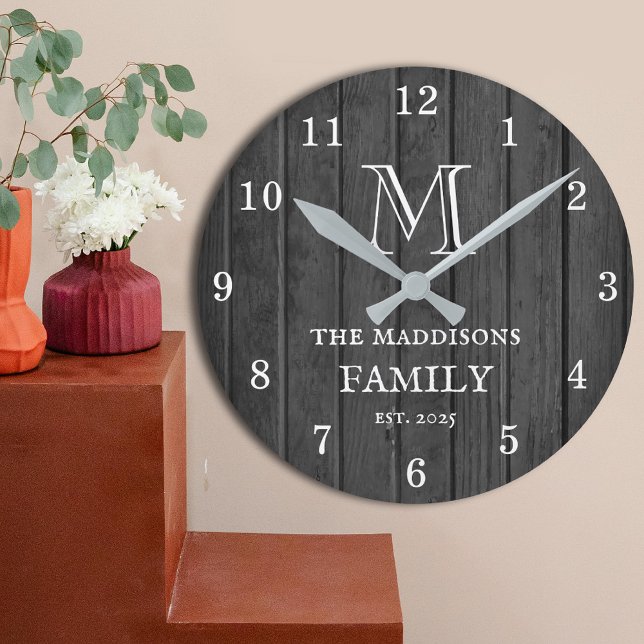 Black Rustic Wood Farmhouse Family Monogram & Name Round Clock (Creator Uploaded)
