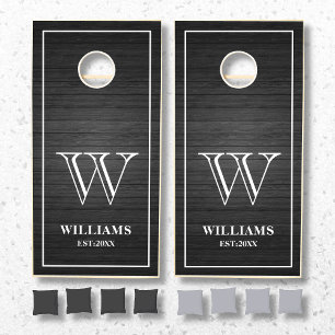 Black Rustic Wood Planks Family Monogram Name Cornhole Set