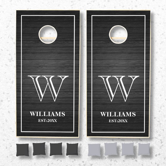 Black Rustic Wood Planks Family Monogram Name Cornhole Set (Creator Uploaded)