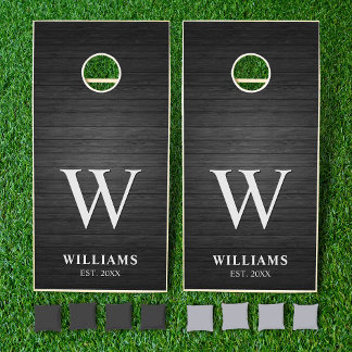 Black Rustic Wood Planks Family Name Monogram Cornhole Set