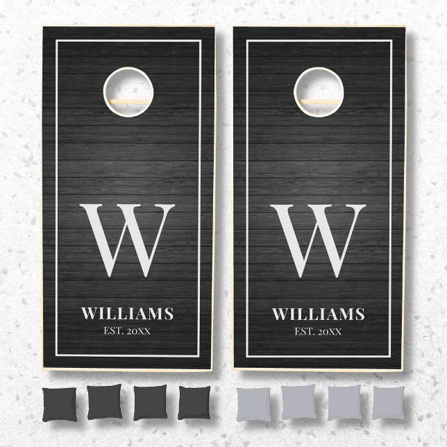 Black Rustic Wood Planks Family Name Monogram Cornhole Set (Creator Uploaded)