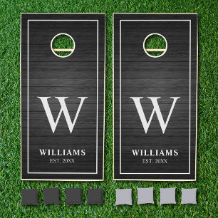 Black Rustic Wood Planks Family Name Monogram Cornhole Set