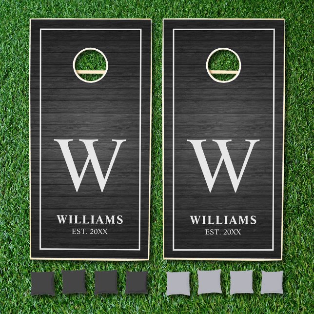 Black Rustic Wood Planks Family Name Monogram Cornhole Set (Creator Uploaded)
