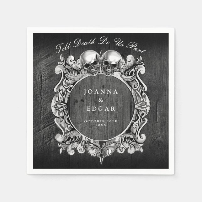 Black Rustic Wood Skulls Gothic Wedding Napkins (Front)
