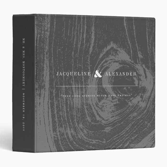 Black Rustic Woodgrain Chic Winter Wedding Journal 3 Ring Binder (Front/Spine)