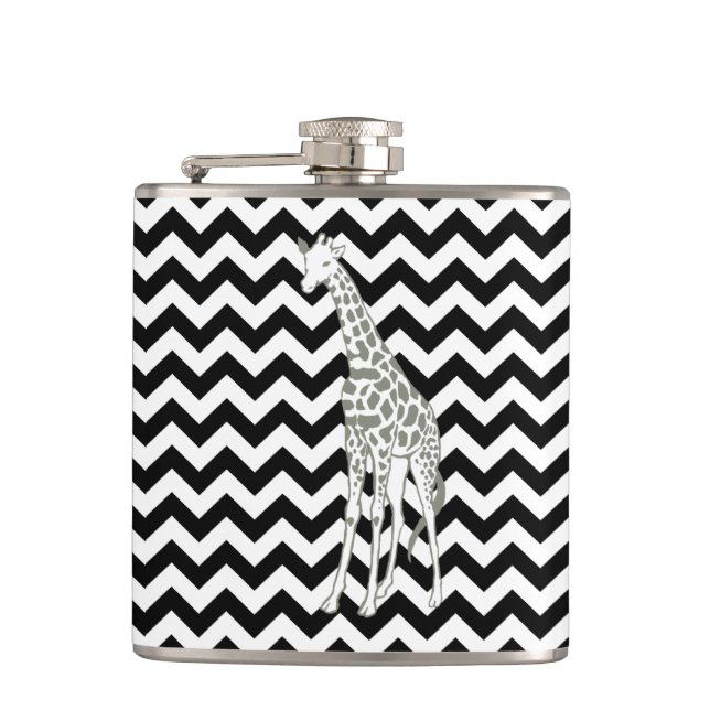 Black Safari Chevron with Pop Art Giraffe Hip Flask (Front)