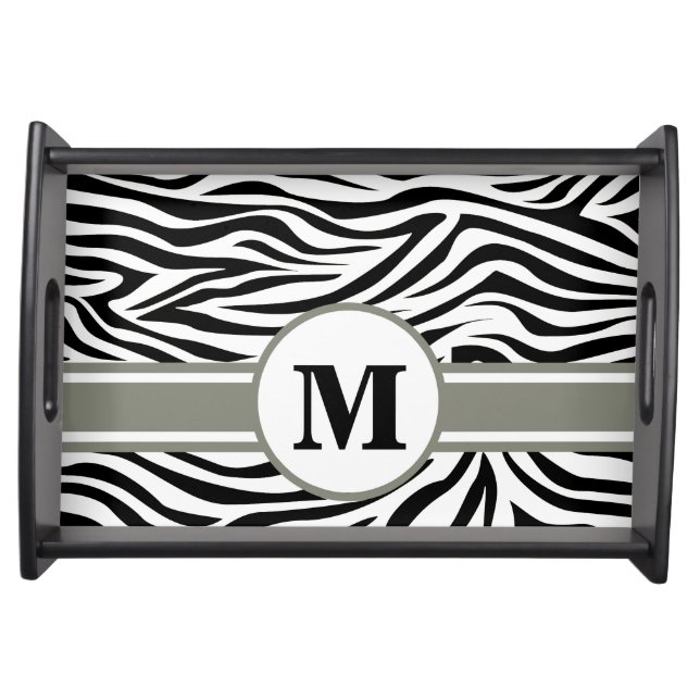 Black Safari Zebra with Monogram Serving Tray (Front)