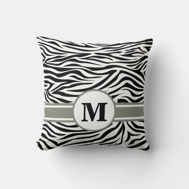 Black Safari Zebra with Monogram Throw Pillow (Front)
