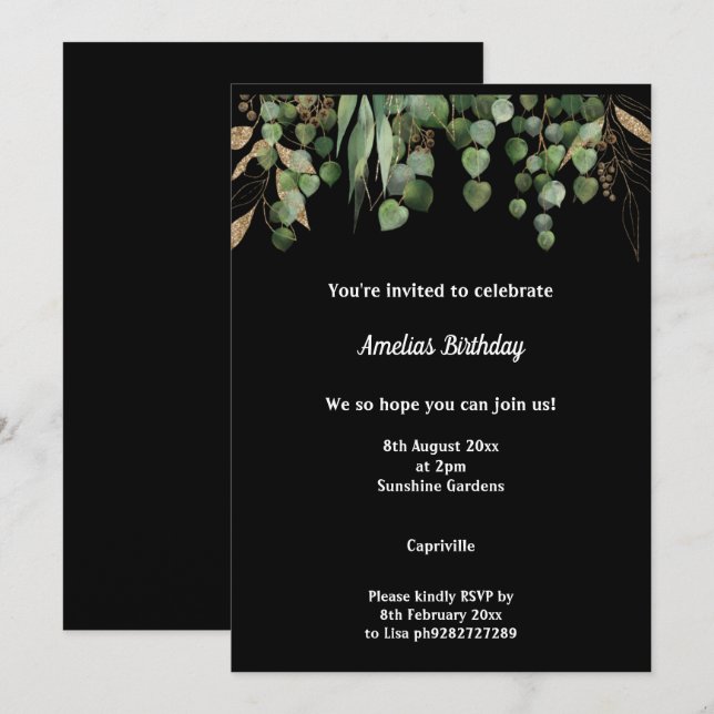 BLACK SAGE EUCALYPTUS BIRTHDAY PARTY INVITATION (Front/Back)