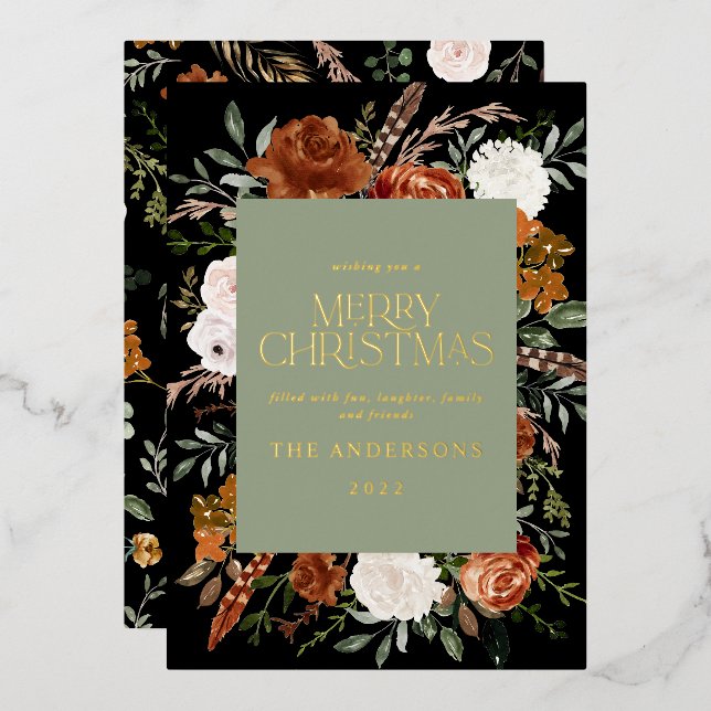 Black sage green floral botanical elegant script foil holiday card (Front/Back)