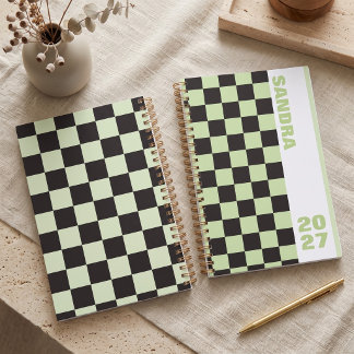 Black Sage Green Retro Checkerboard Custom Name Planner