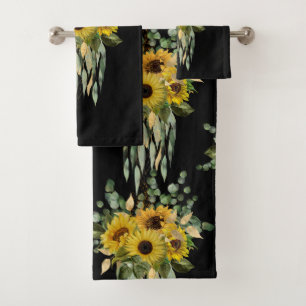 BLACK SAGE GREEN SUNFLOWER BATHROOM TOWEL SET