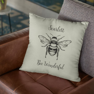 Black Sage Green Vintage Bee Personalize Throw Pillow
