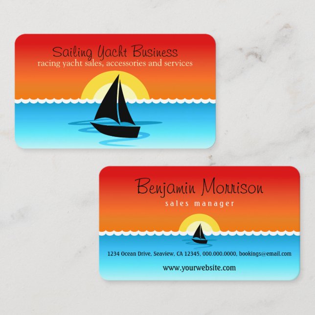 Black Sail Yacht Silhouette Sailing in the Sunset Business Card (Front/Back)