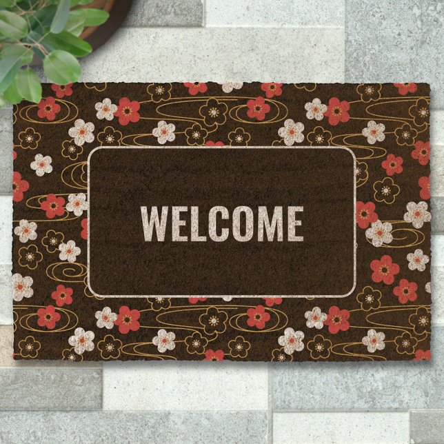 Black Sakura Cherry Blossom Flowers Custom Text Fiber Doormat (Creator Uploaded)
