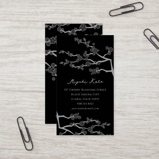Customizable Black Sakura Cherry Blossoms Flowers Oriental Zen Business Card Templates