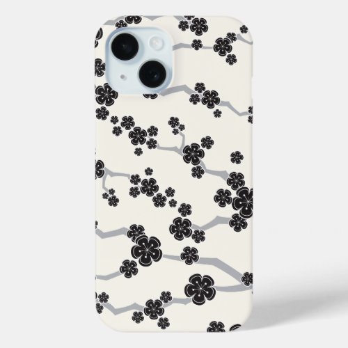 Black Sakura Cherry Blossoms Flowers Oriental Zen iPhone 15 Case