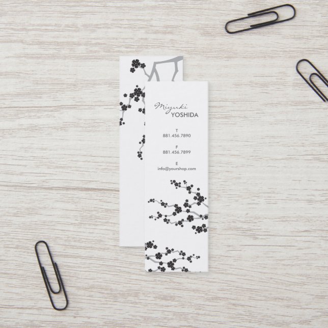 Black Sakura Cherry Blossoms Flowers Oriental Zen Mini Business Card (Front/Back In Situ)