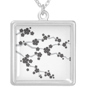 Black Sakura Cherry Blossoms Flowers Oriental Zen Silver Plated Necklace