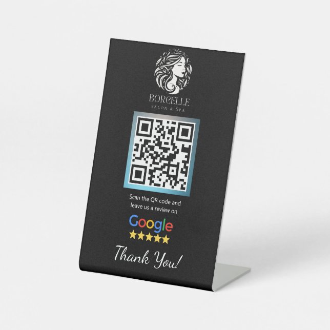 Black Salon Google Review Counter Stand Template Pedestal Sign (Front)
