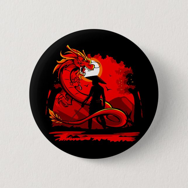 Black Samurai Red Dragon Japanese Style Artwork | Button (Front)