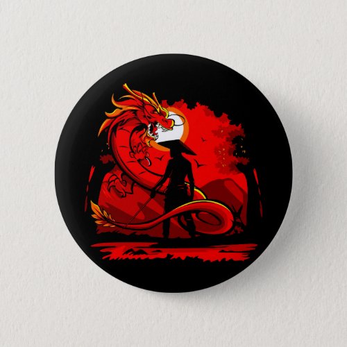 Black Samurai Red Dragon Japanese Style Artwork  Button